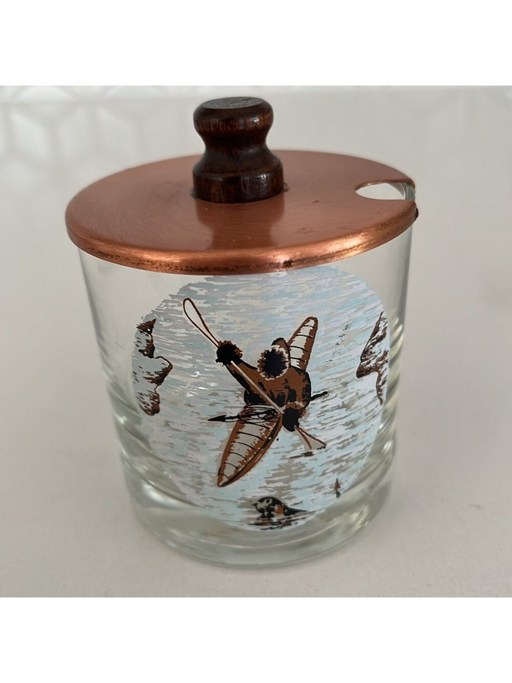 VINTAGE Glass Condiment Sugar Pot Copper Lid Wooden Knob Inuit Kayak Design
